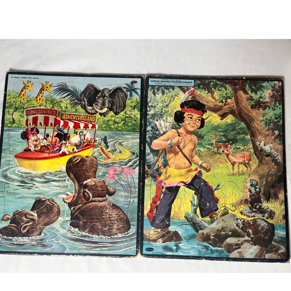 Vintage 1957 Disney Adventureland & Little Beaver Whitman Frame Tray Puzzles Lot